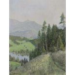 Axel SPONHOLZ (1894 - 1976). "Allgäuer Landschaft 1961". 24,5 cm x 18,5 cm. Gemälde. Öltempera auf