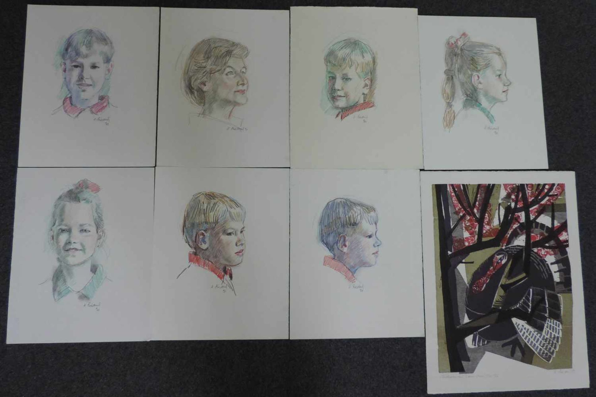 Heinz FRIEDRICH (1924). 7 Portraits 1991. Bis 53 cm x 42 cm. Je farbige Zeichnungen auf starkem