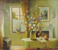 Peter MEHNER (1944 -). Interieur mit Sommerblumenstrauß. 60 cm x 70 cm. Gemälde. Öl auf Leinwand.