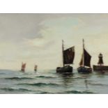 UNDEUTLICH SIGNIERT (XX). 4 Frachtensegler vor dem Hafen. 60 cm x 80 cm. Gemälde. Öl auf Leinwand.