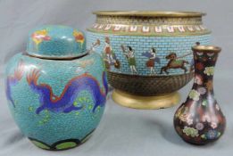 Claisonne. Cachepot, Ingwertopf mit Deckel und Vase. China / Japan. Bis 20 cm hoch. Cloisonne.