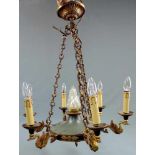 Deckenlampe. Bronze. Mittelleuchte umrahmt von 6 Lampen. 66 cm hoch, Durchmesser 56 cm. Passend