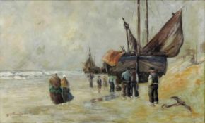 UNDEUTLICH SIGNIERT (XX). Angelandete Plattbodenschiffe 1909. Nordsee. 58 cm x 98 cm. Gemälde. Öl