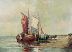 Josef HORN (1902 - 1951). Entladen von zwei Plattbodenschiffen im Watt. 50 cm x 70 cm. Gemälde. Öl