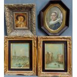 Vier kleine Ölgemälde. 2 x Venedig und 2 Portraits. Bis 18 cm x 13 cm. Four small oil paintings. 2 x