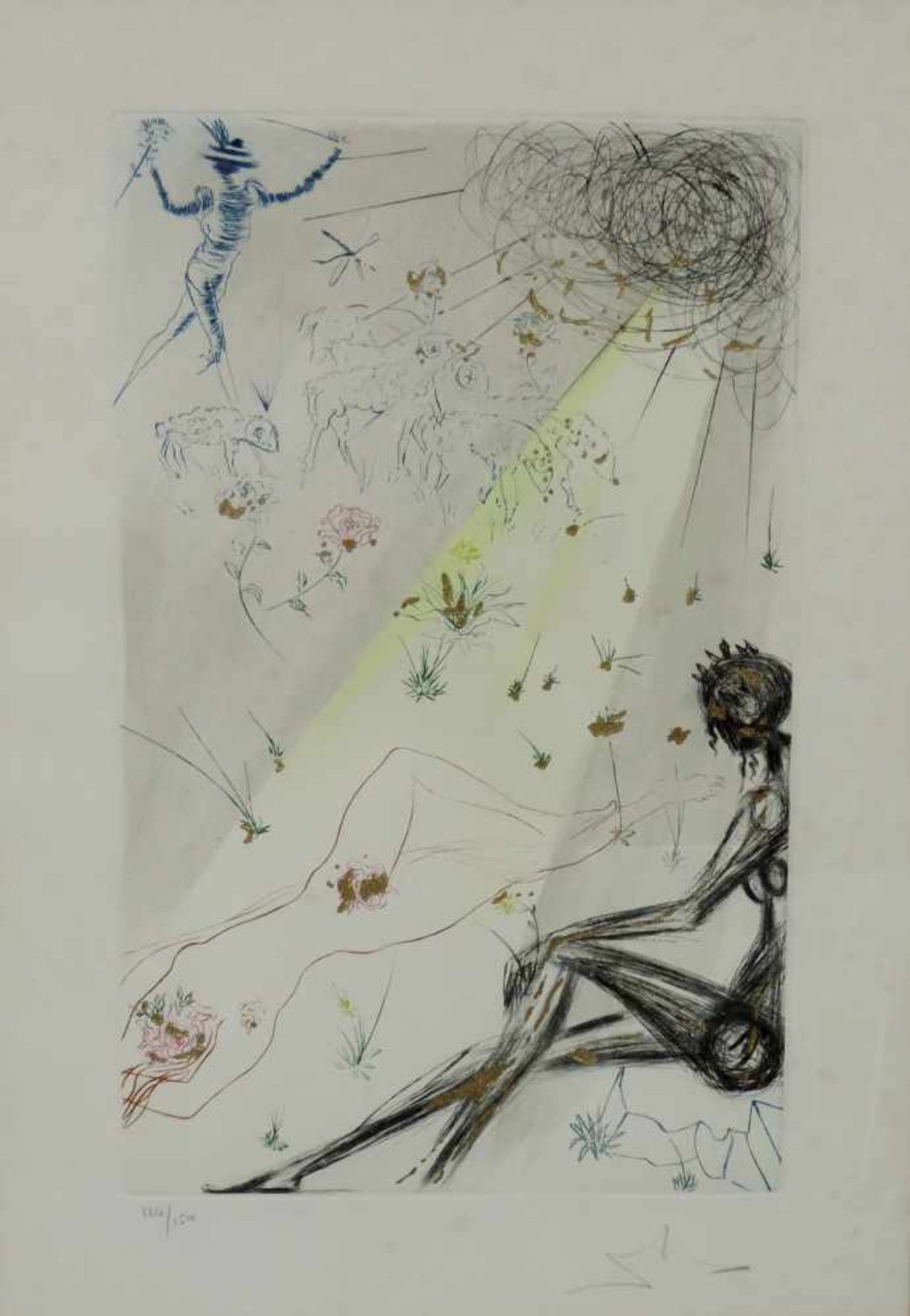 Salvador DALI (1904 - 1989). Liegender Akt und Schafherde. 50 cm x 35 cm. Links unten Nummer 124 /