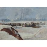 Hans RUDOLPH (1911 - 1975). Stahlwerk im Winter. Wohl Salzgitter. 51 cm x 71 cm. Gemälde. Öl auf