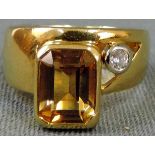 Ring. Gold 750. Italien. Gelber Stein Citrin 9,3 x 7,2 mm. Brilliant 0,1 Karat. 10,5 Gramm