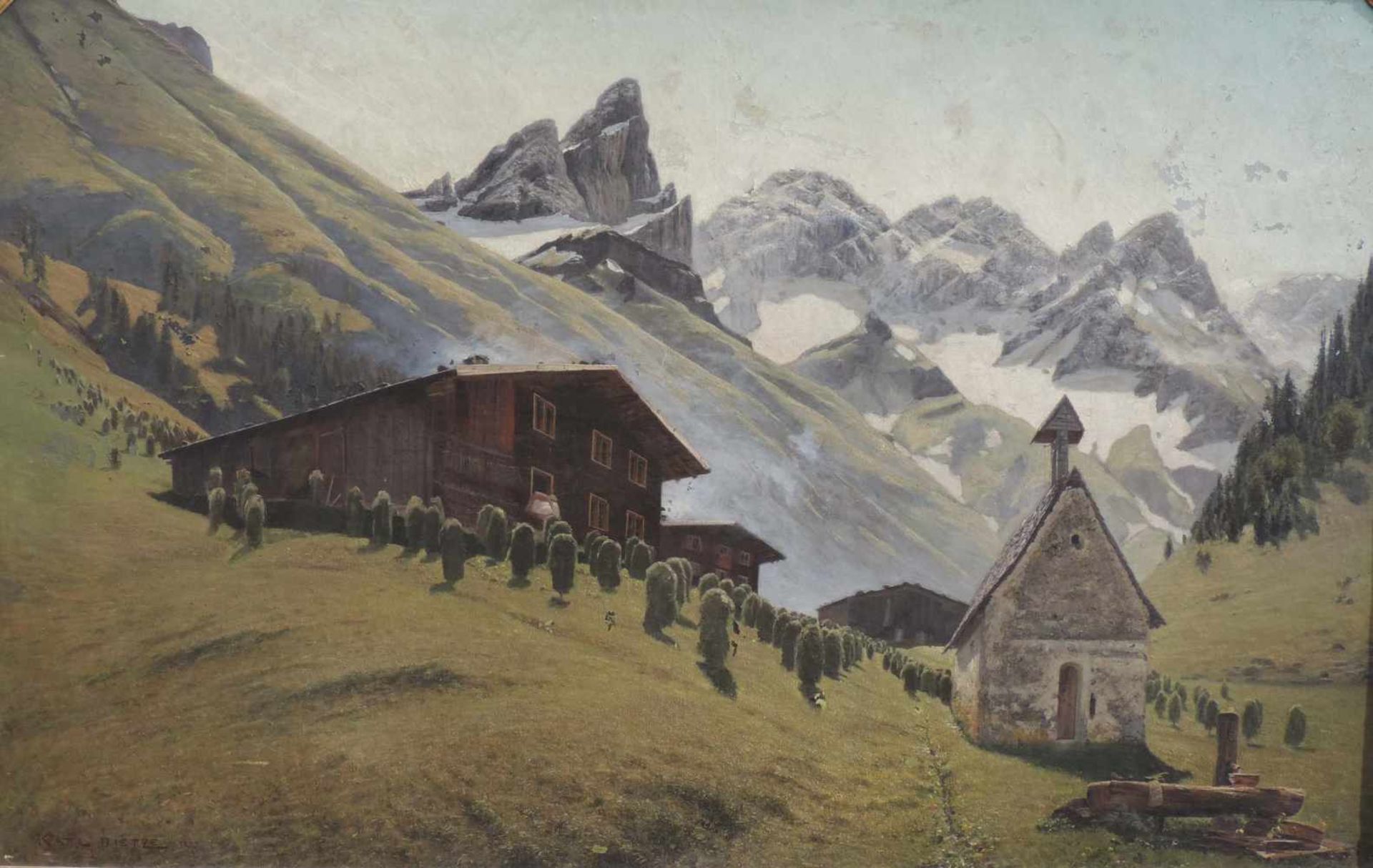 Carl DIETZE (XIX). Kapelle in Einödsbach, mit Blick auf Trettachspitze, Mädelegabel,