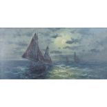 DELMAR (XIX - XX). Nocturno. Segelschiffe bei Vollmond. 31,5 cm x 16 cm. Gemälde. Öl auf Holz.