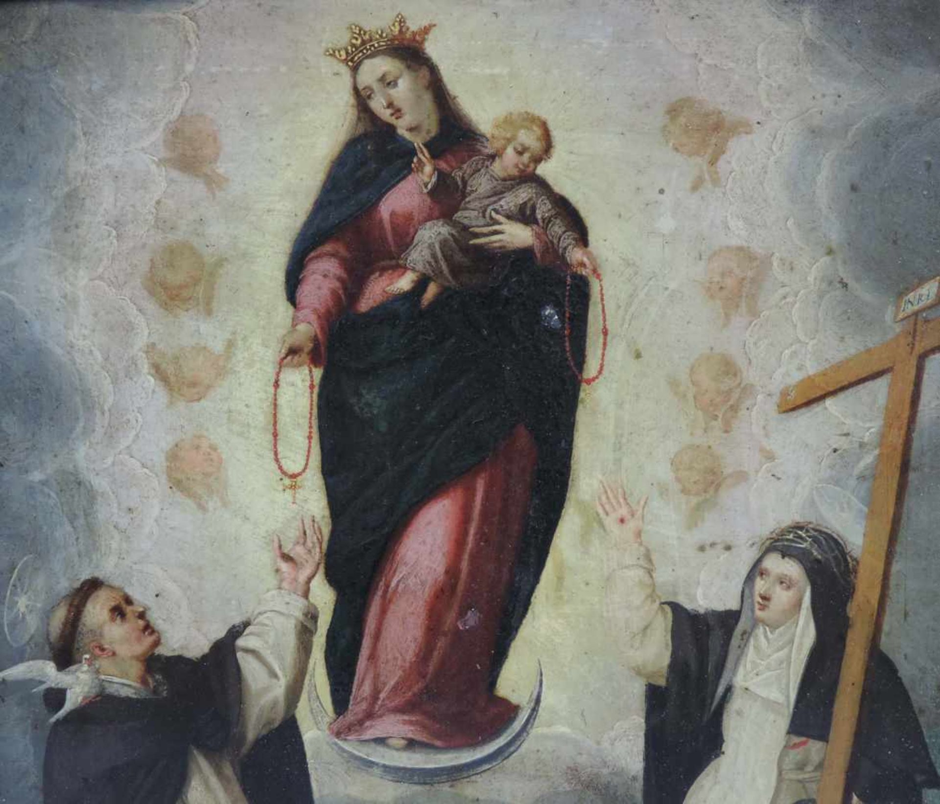 HEILIGENMALER (XVIII). Maria mit Kind verleiht Rosenkränze. 25 cm x 20 cm. Gemälde. Öl auf Kupfer. - Bild 3 aus 4
