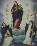 HEILIGENMALER (XVIII). Maria mit Kind verleiht Rosenkränze. 25 cm x 20 cm. Gemälde. Öl auf Kupfer.