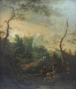 Adam PYNACKER (c.1622 - 1673). Bauer führt Kuh im Fluss / Wäscherin. 34 cm x 29 cm. Gemälde. Öl