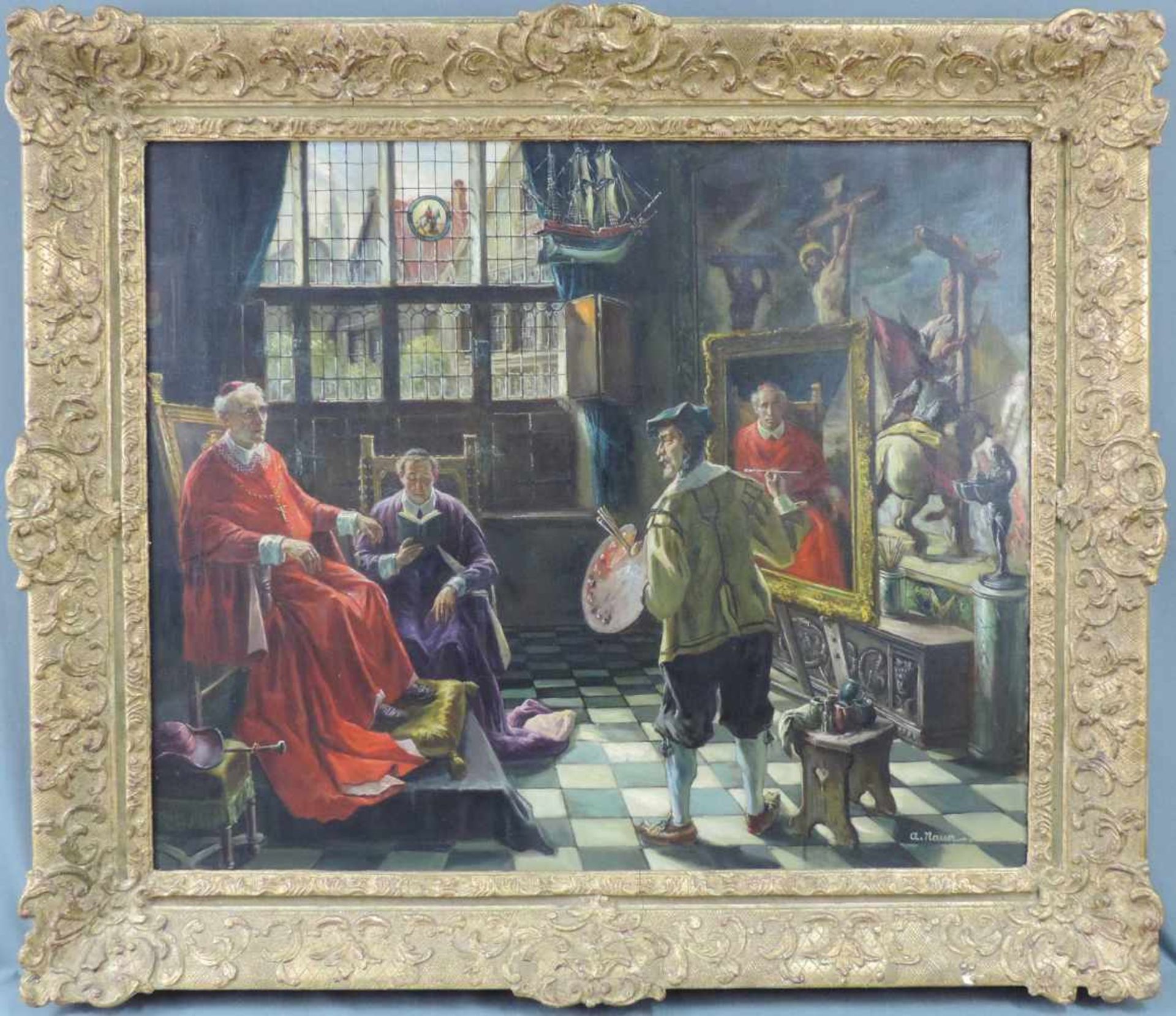 Adolf NAUER (1893 - 1966). Portraitist beim Kardinal. 73 cm x 62 cm. Gemälde, Öl auf Leinwand. - Image 3 of 10