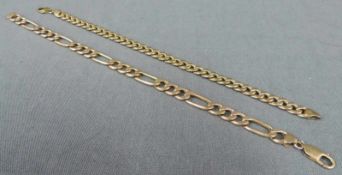 Zwei Panzerketten. Gold. 23 cm. 11,9 g, 585er Gelbgold. 21 cm. 8,5 g, 333er Gelbgold. 2 necklaces.