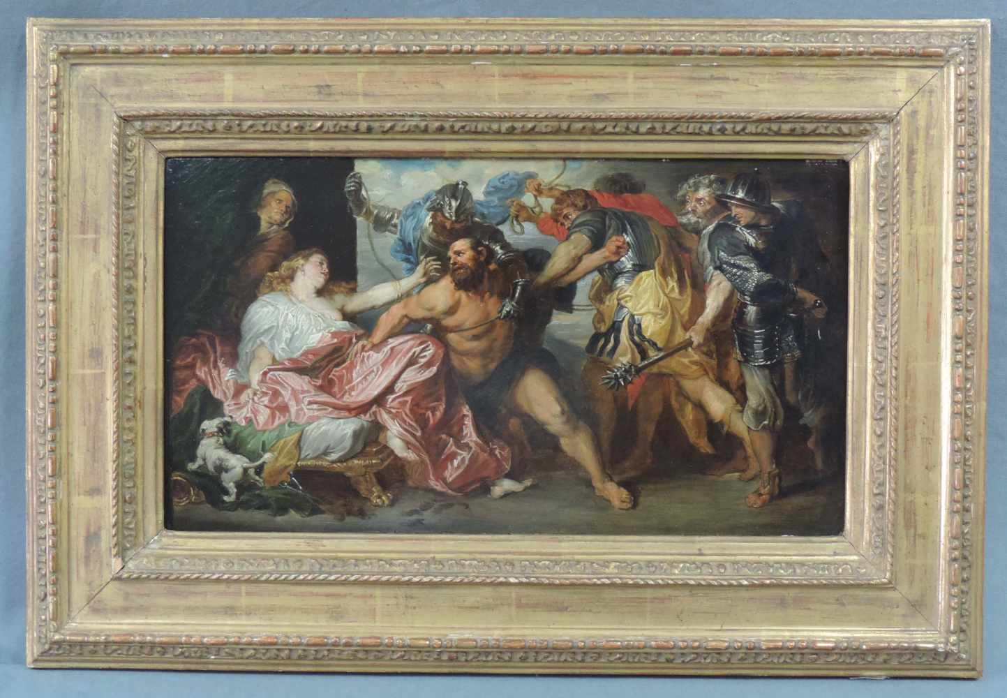 Nach Anthonius VAN DYCK. Samson and Delilah. 21 cm x 40 cm. Gemälde, Öl auf Holz. Ausgeführt in Wien