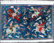Ghom, Seide auf Seide, Bildteppich mit Jagdmotiven. Persien. Selten feine Knüpfung. 119 cm x 81
