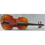 Geige, Violine. Wohl um 1900, Vogtland. 60 cm. Innen Reparaturzettel "Repariert 1938, C.A.