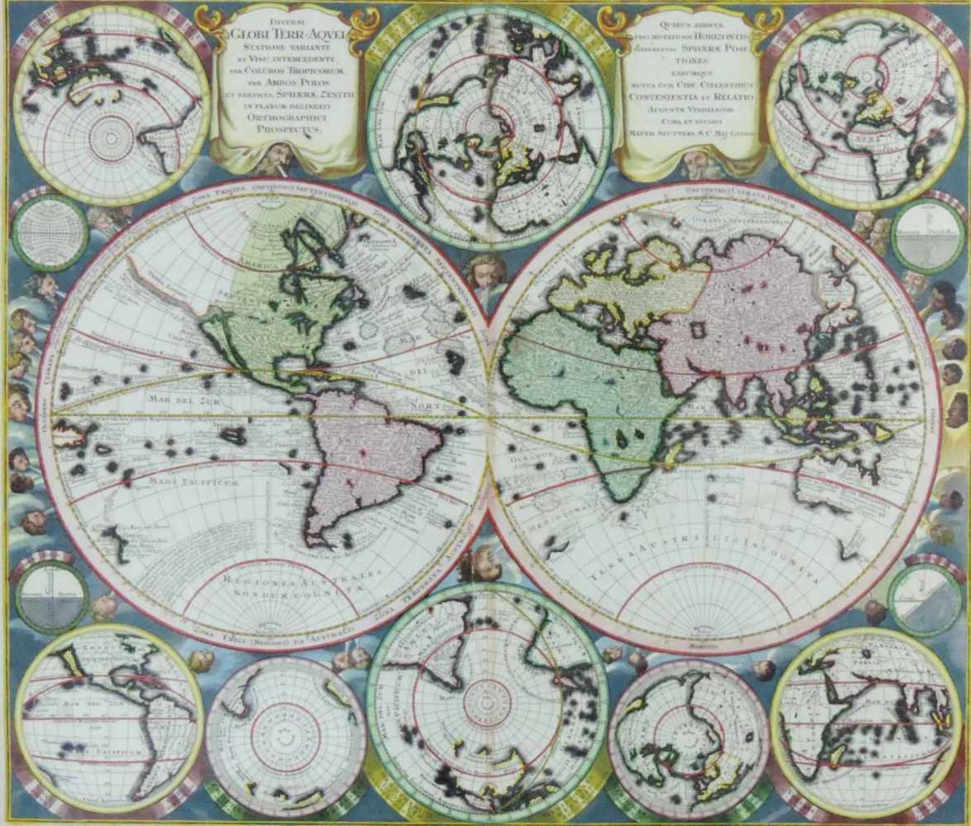 Georg Matthäus SEUTTER (1678 - 1757). Doppelhemisphäre der Welt. "Diversi Globi Terr-Aquei