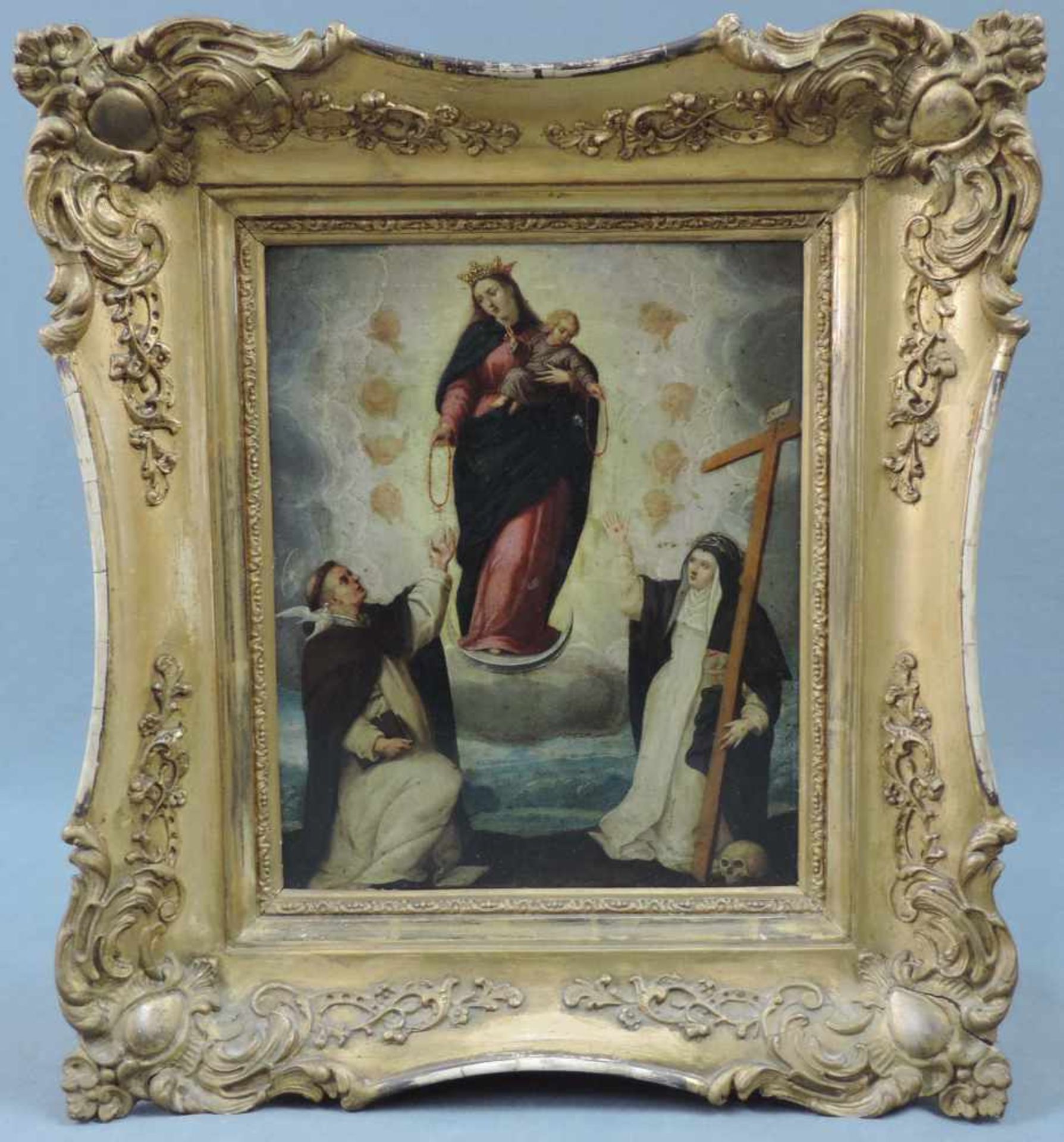 HEILIGENMALER (XVIII). Maria mit Kind verleiht Rosenkränze. 25 cm x 20 cm. Gemälde. Öl auf Kupfer. - Bild 2 aus 4