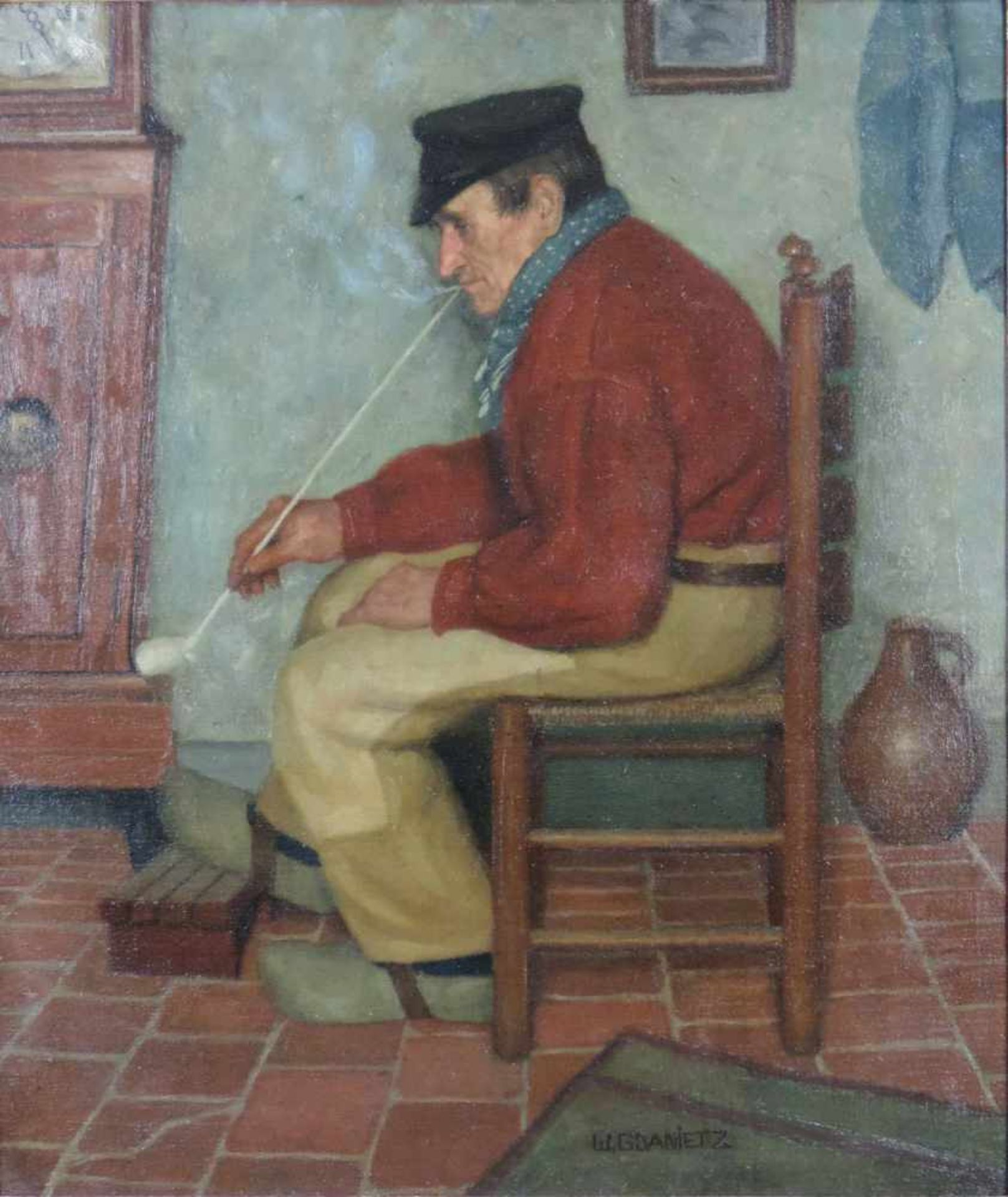 Wilhelm GDANIETZ (1893 - 1969). Mann mit Pfeife in der Stube. 81,5 cm x 70 cm. Mittig unten