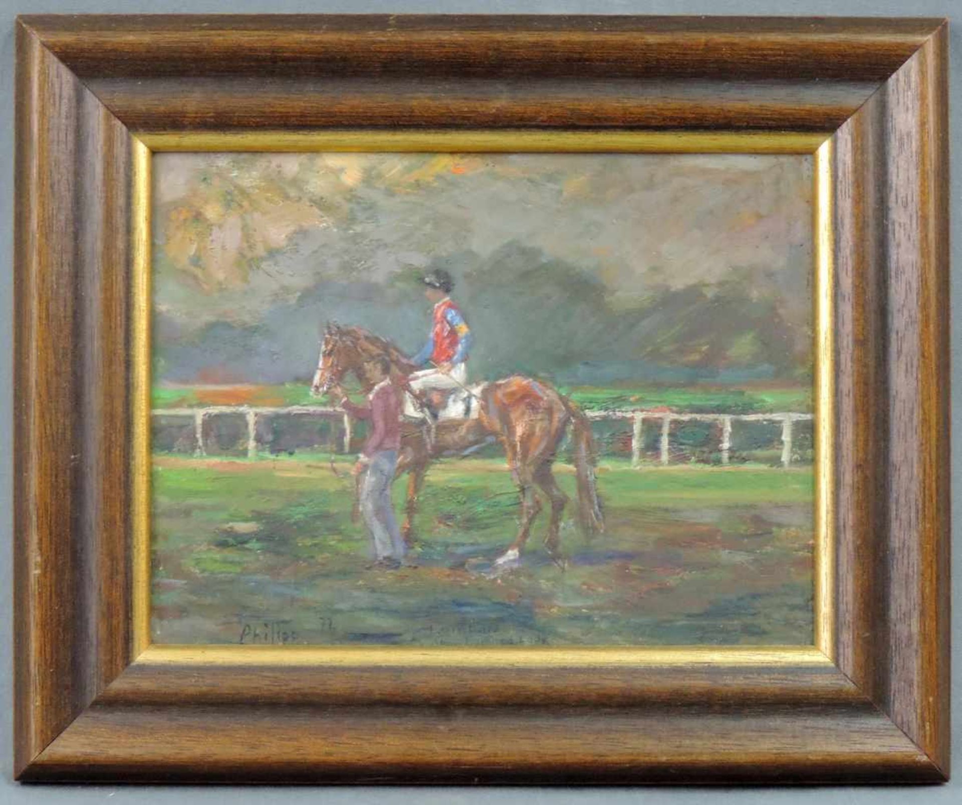 Klaus PHILIPP (1932 -). Jockey auf Lombard mit Pfleger, Turf 1972. 23 cm x 30 cm. Gemälde. Öl auf - Image 2 of 5