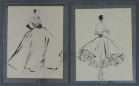 Jacques FATH (1912 - 1954). Zwei Modeskizzen von 1951 Cocktailkleid. 268 mm x 210 mm. Rechts unten