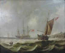 UNBEKANNTER KÜNSTLER (XVIII - XIX). Segelschiffe beliefern einen Großsegler. 44 cm x 35,5 cm.