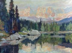 UNDEUTLICH SIGNIERT (XX). Expressionist 1922. Alpensee. 65,5 cm x 90 cm. Gemälde, Öl auf Leinwand.