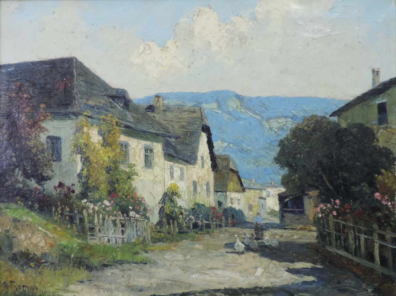 UNDEUTLICH SIGNIERT (XX). Sonniges Dorf vor Bergkette. 80 x 61 cm. Wohl Alfred Thomas (1876 - 1961).