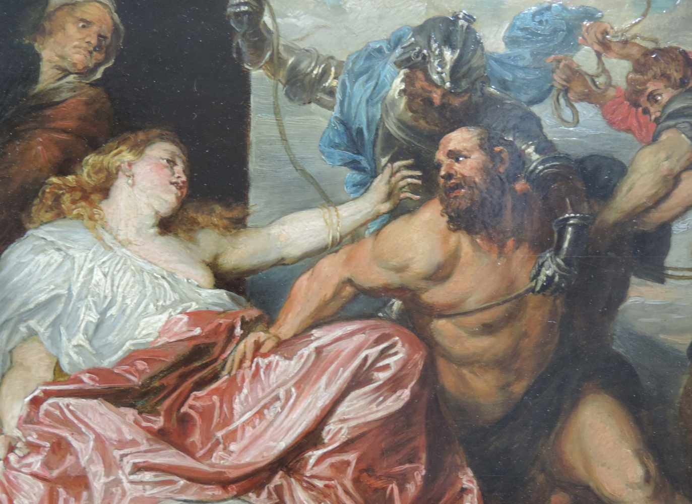 Nach Anthonius VAN DYCK. Samson and Delilah. 21 cm x 40 cm. Gemälde, Öl auf Holz. Ausgeführt in Wien - Image 2 of 6