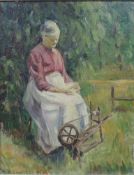 IMPRESSIONIST (XIX - XX). Frau am Spinnrad 1920. 47 cm x 37 cm. Gemälde. Öl auf Leinwand. Links oben