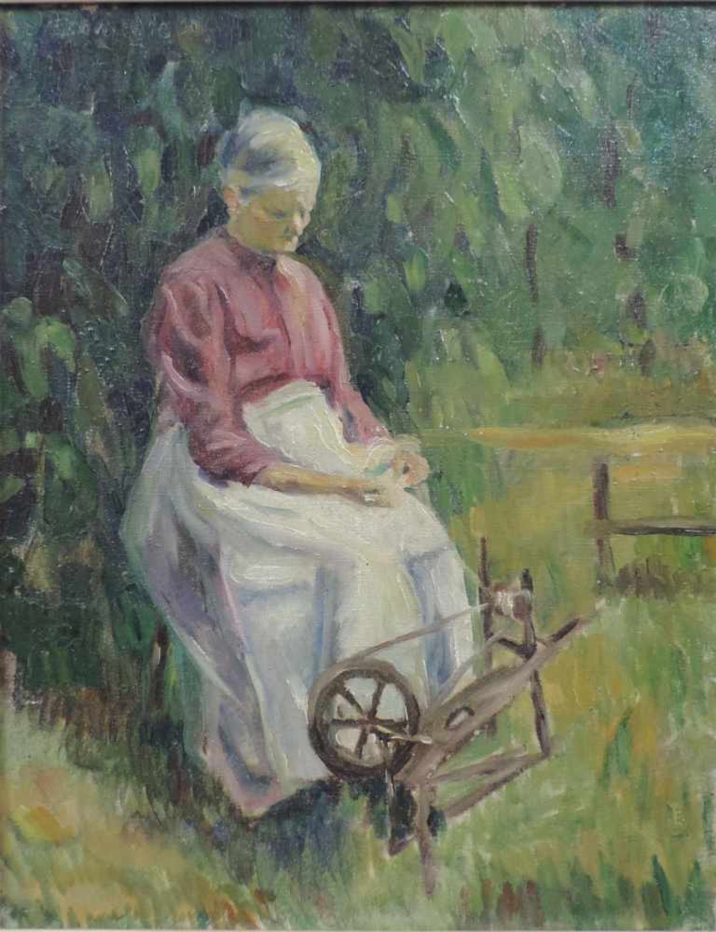 IMPRESSIONIST (XIX - XX). Frau am Spinnrad 1920. 47 cm x 37 cm. Gemälde. Öl auf Leinwand. Links oben