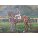 Klaus PHILIPP (1932 -). Jockey auf Lombard mit Pfleger, Turf 1972. 23 cm x 30 cm. Gemälde. Öl auf