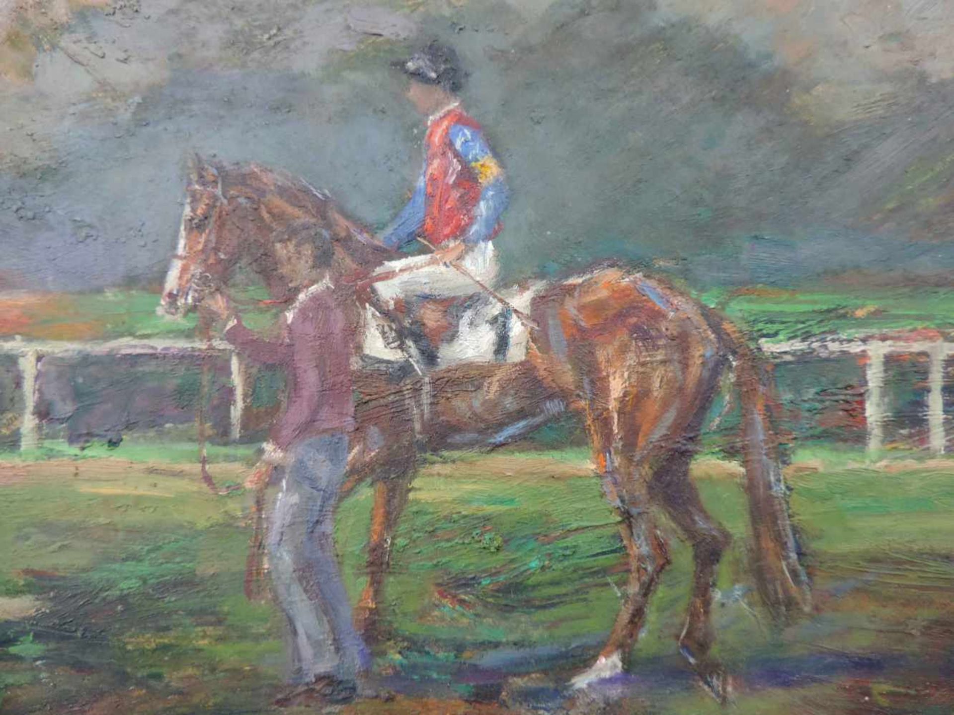 Klaus PHILIPP (1932 -). Jockey auf Lombard mit Pfleger, Turf 1972. 23 cm x 30 cm. Gemälde. Öl auf