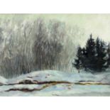 Zhang WEIMIN (1955 -). Winterlandschaft. 45 cm x 34 cm. Gemälde, Öl auf Malpapier. Verso Aufkleber