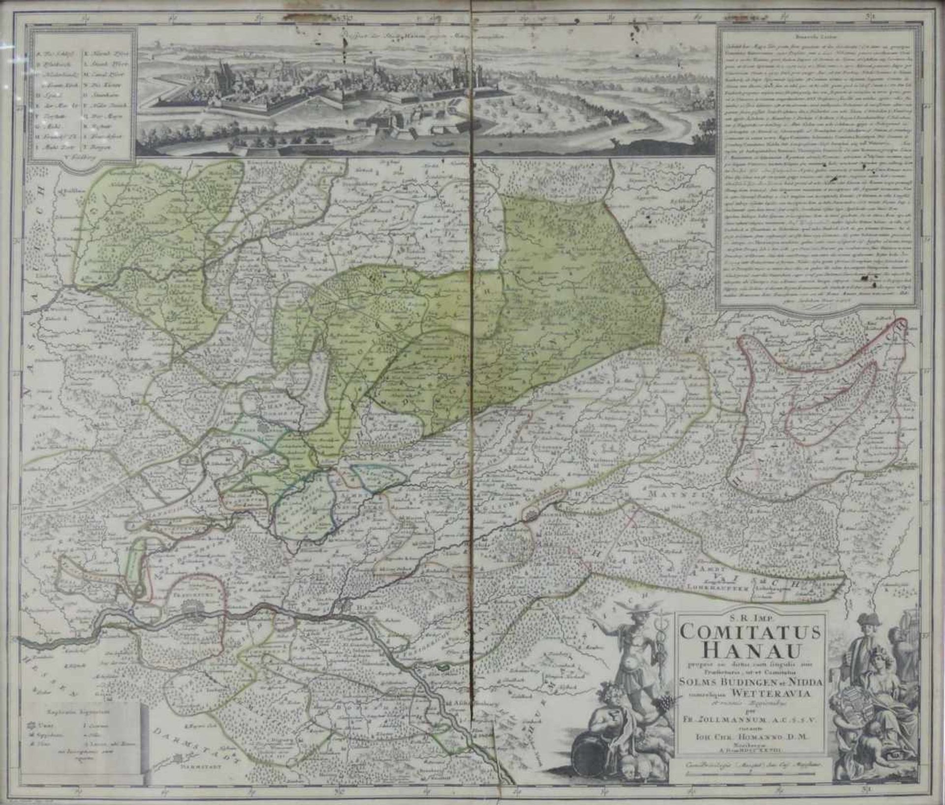 Comitatus Hanau. Landkarte. 61 cm x 53 cm. Comitatus Hanau. 61 cm x 53 cm.