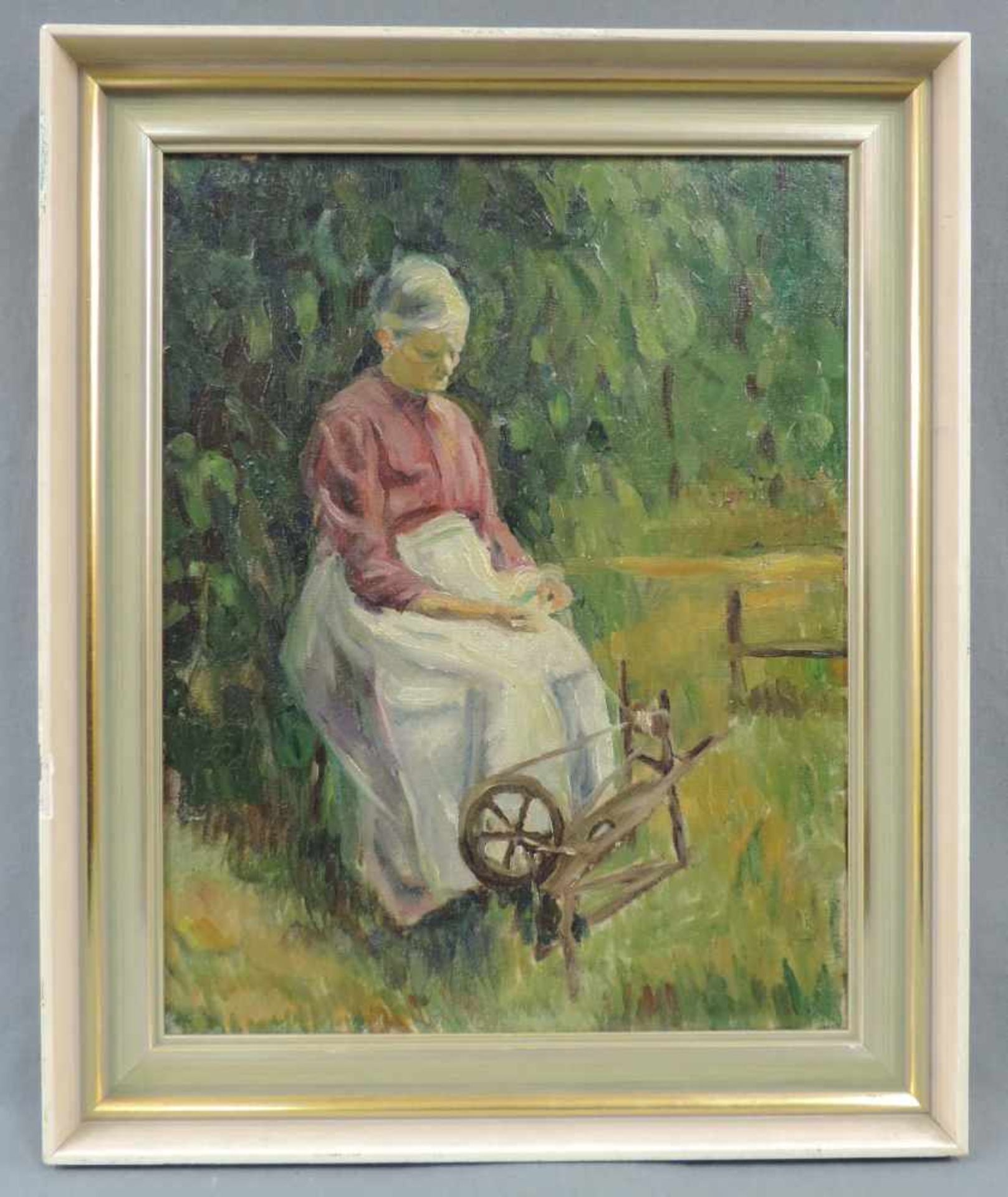 IMPRESSIONIST (XIX - XX). Frau am Spinnrad 1920. 47 cm x 37 cm. Gemälde. Öl auf Leinwand. Links oben - Image 2 of 6