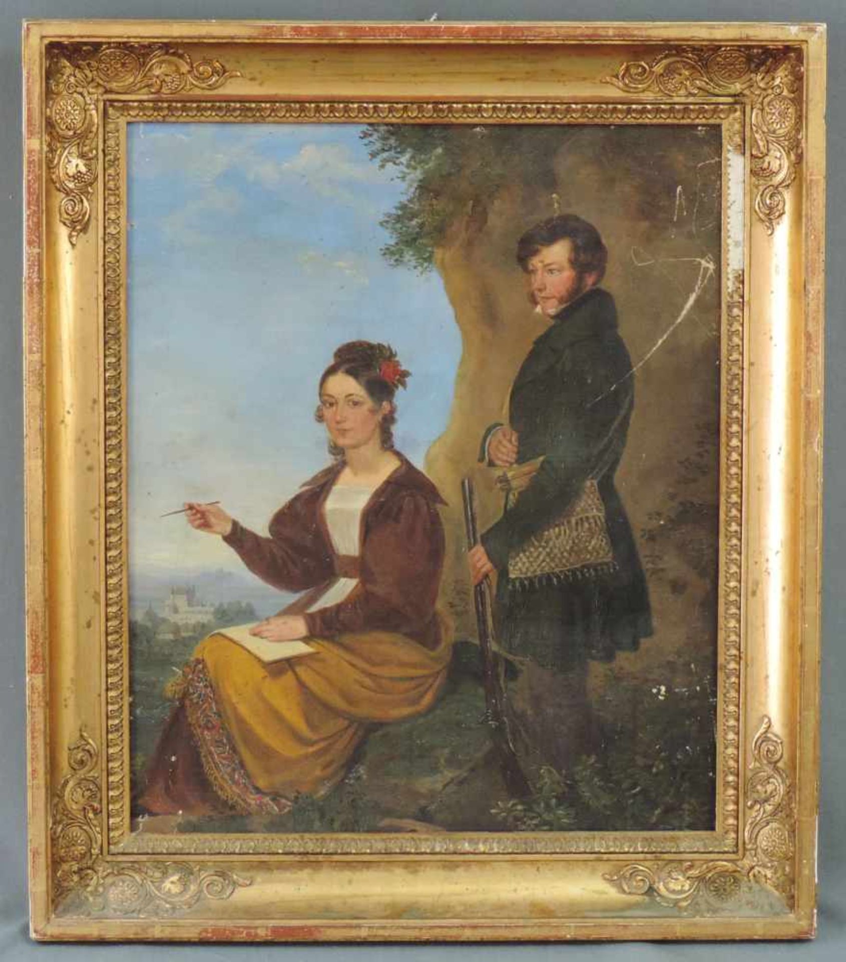 Paula Klotz (XX). Biedermeierpaar von 1845. Ausgeführt 1912. 54 cm x 45 cm. Gemälde, Öl auf - Image 2 of 6