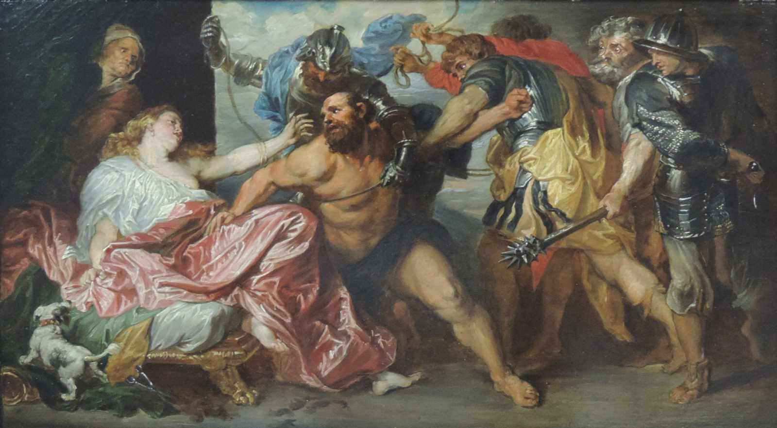 Nach Anthonius VAN DYCK. Samson and Delilah. 21 cm x 40 cm. Gemälde, Öl auf Holz. Ausgeführt in Wien - Image 6 of 6