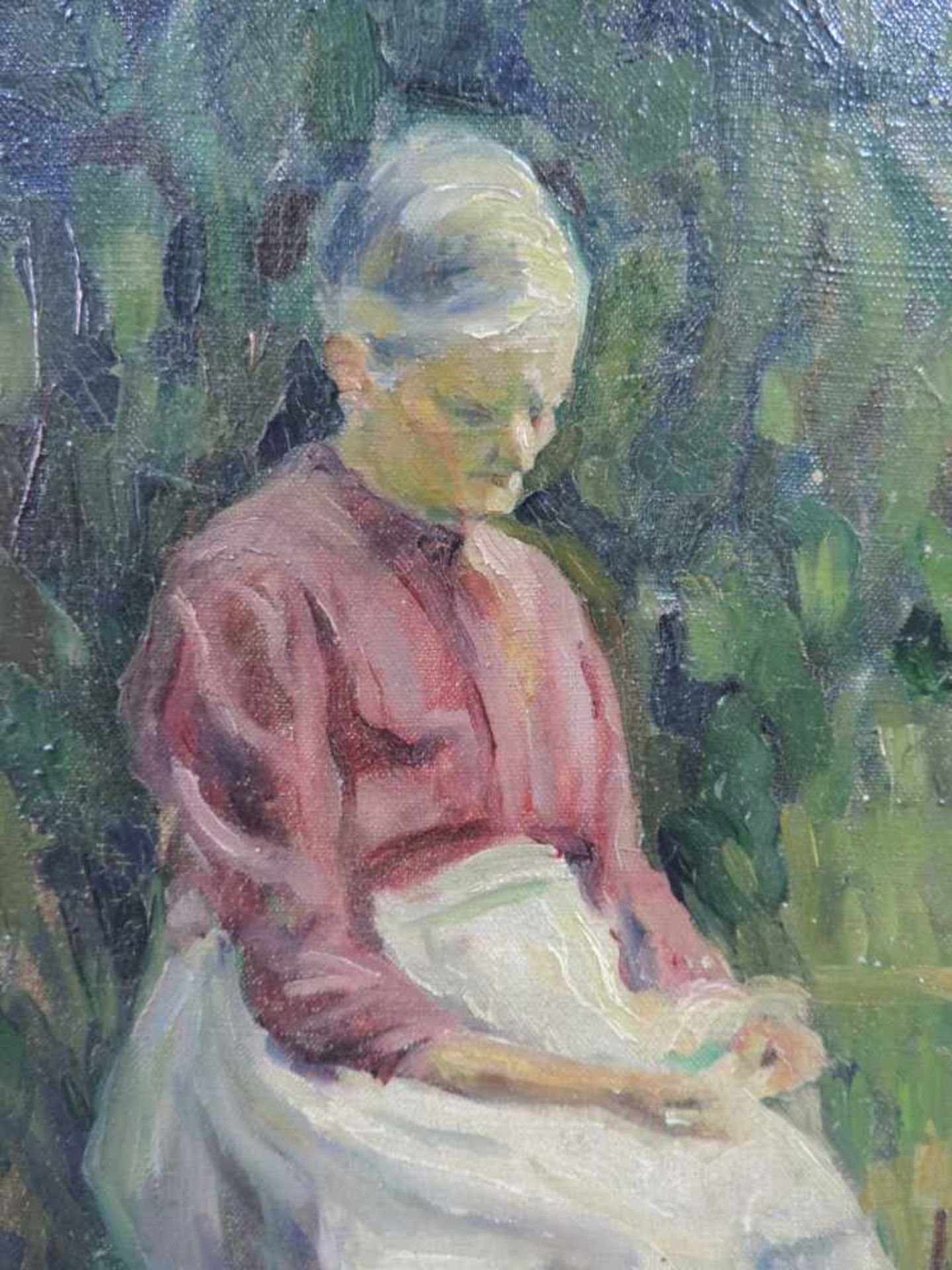 IMPRESSIONIST (XIX - XX). Frau am Spinnrad 1920. 47 cm x 37 cm. Gemälde. Öl auf Leinwand. Links oben - Image 4 of 6