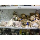 A collection of vintage Steiff toys including bears and leopards plus three crystal decanters and