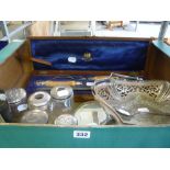 Two Edwardian cut-glass toilet jars with silver cherub-head lids, two silver-topped hairpin jars,