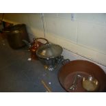 A quantity of metalware, including a pewter soup tureen and sauceboat, copper kettle and jam pan,