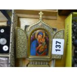 A small Continental porcelain icon, in gilt metal triptych frame, circa 1900.