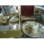 A large EPNS salver, other plated items including an entrée dish, muffin dish, toast rack,