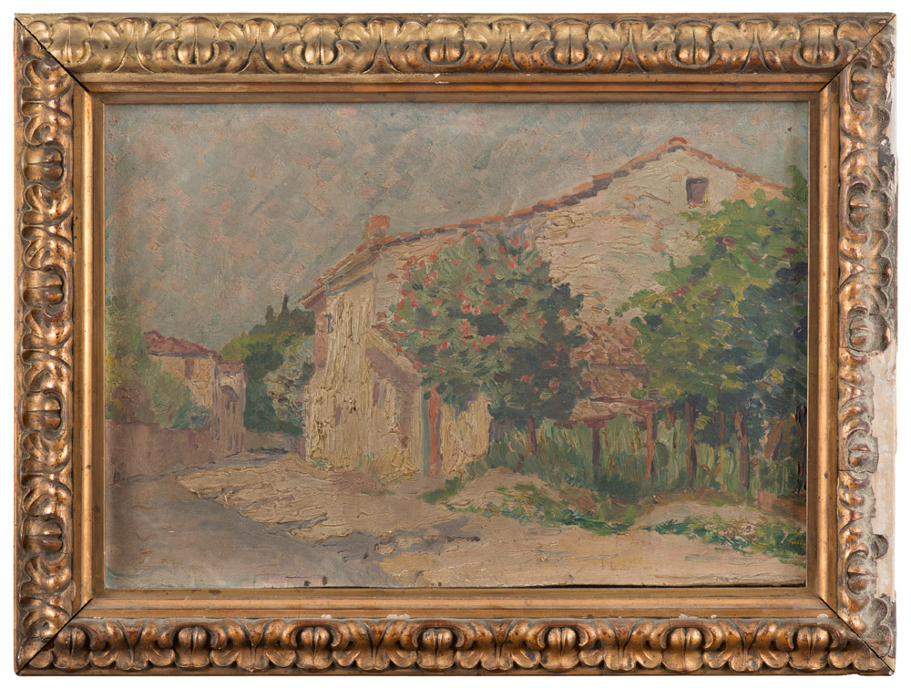 PAINTER OF THE 20TH CENTURY House Oil on cardboard, cm. 33 x 46 Unsigned Gilded frame PITTORE DEL