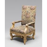 GILT WOOD ARMCHAIR, ROME 19TH CENTURY high-backed, carved with acanthus leaves, roiccailles and