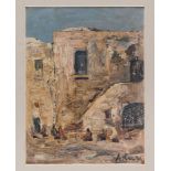 ANTONIO ASTURI (Vico Equense 1904 - 1986) Village with figures Oil on cardboard cm. 18 x 14