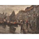 ANTONIO ASTURI (Vico Equense 1904 - 1986) Boats in lagoon Urban partial view with figures A painting